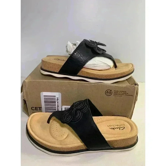 .1783 Clarks Women's Brynn Style Flat Sandal, Black Leather, 8.5 - Picture 4 of 6